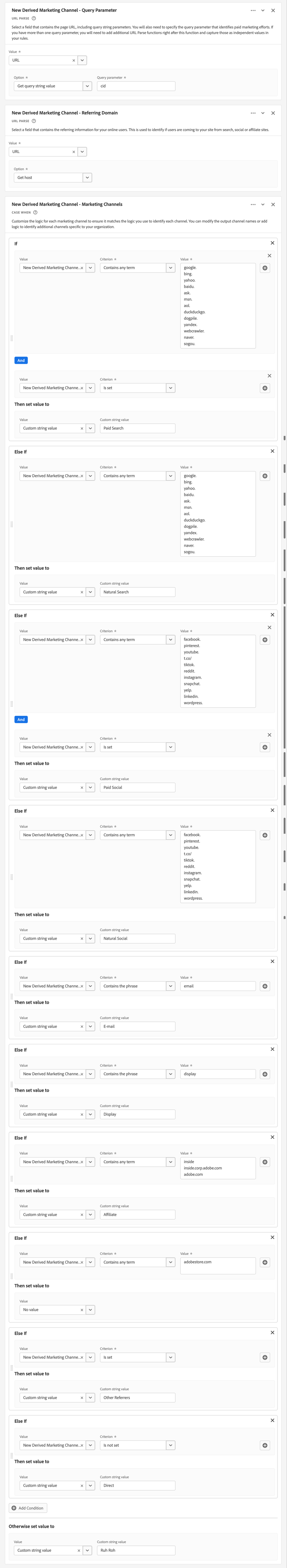 Définition de règles pour le champ dérivé du canal marketing