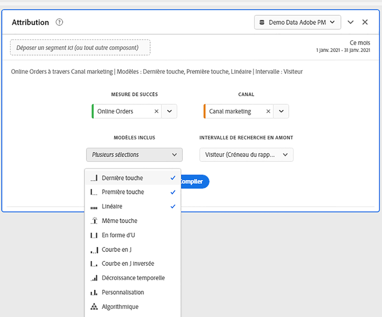 Fenêtre du panneau Attribution présentant plusieurs dimensions et mesures sélectionnées.