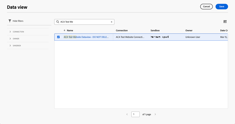 Configuration Content Analytics d’une vue de données - Tableau des vues de données