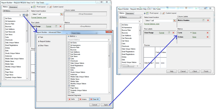 Capture d’écran montrant l’étape 2 de l’Assistant Requête - Totaux du site pointant vers la fenêtre Filtres avancés et les mesures de rapport appliquées.