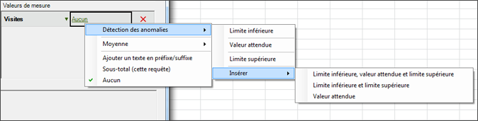 Capture décran montrant la détection des anomalies, puis Insérer et insérer des options pour la limite inférieure et supérieure et attendue.