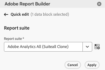 Hub Report Builder affichant le menu déroulant de la suite de rapports.