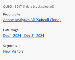 Panneau Modification rapide de segment présentant les options de segment pour les suites de rapports, les périodes et les segments.