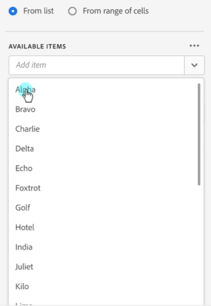 L’option À partir de la liste et les éléments disponibles.