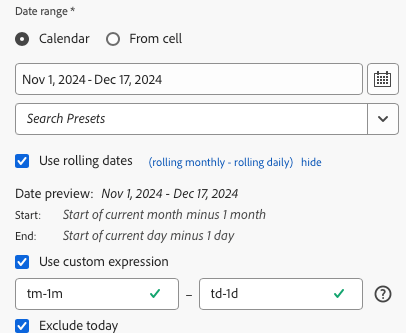 Sélectionnez Utiliser une expression personnalisée indiquant tm-1m à td-1d.