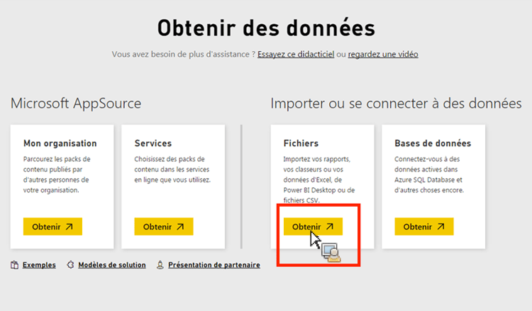 Cliquez sur l’icône Obtenir sous Importer ou Se connecter aux données.