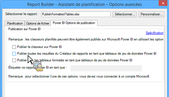 Copie d’écran montrant l’Assistant de planification - Options de publication avancées avec Publier tous les tableaux formatés en tant que tableaux de jeu de données Power BI.