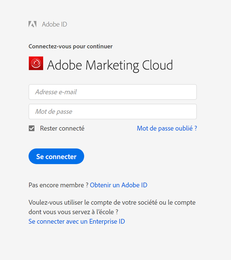 Capture d’écran montrant la fenêtre de connexion Adobe Experience Cloud présentant les options de connexion avec ou sans Adobe ID