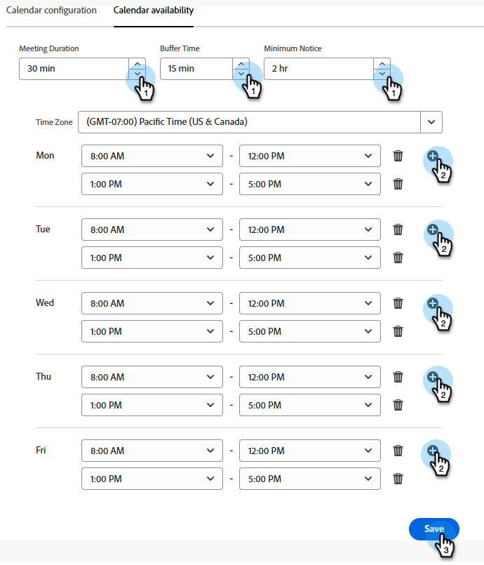 Page de disponibilité du calendrier avec tous les champs renseignés