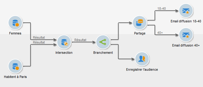 L’activité branchement suit l’intersection de deux requêtes et précède une activité de mise à jour de liste et de partage.