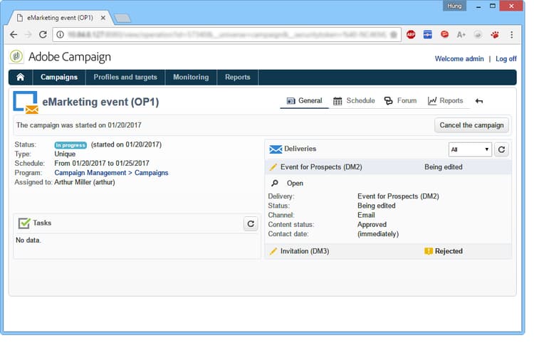 À partir d’un navigateur, le même opérateur ne peut que visualiser et annuler la campagne.