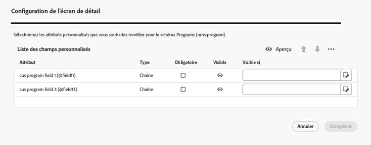 Capture d’écran montrant la configuration des champs personnalisés d’un programme
