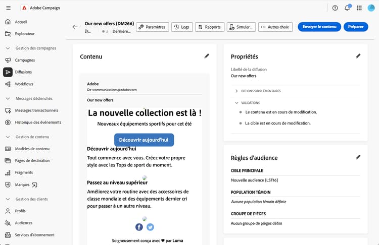 Copie d’écran affichant le bouton Envoyer le contenu