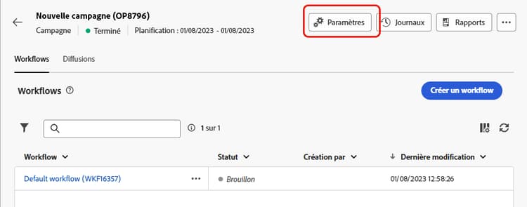 Capture d’écran montrant le bouton des paramètres d’une campagne