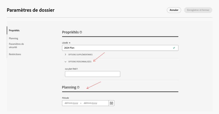 Capture d’écran montrant les options personnalisées d’un plan