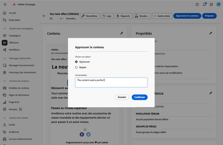 Copie d’écran montrant la boîte de dialogue de validation avec les boutons Approuver et Rejeter ainsi que le champ Commentaire