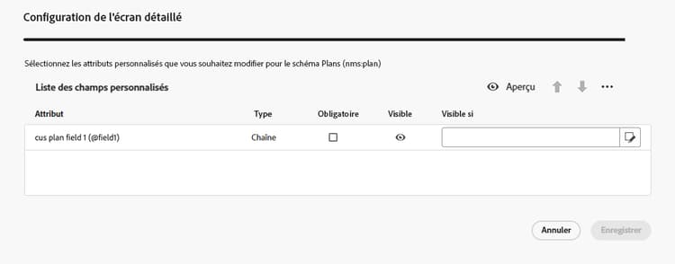 Capture d’écran affichant la configuration des champs personnalisés d’un plan