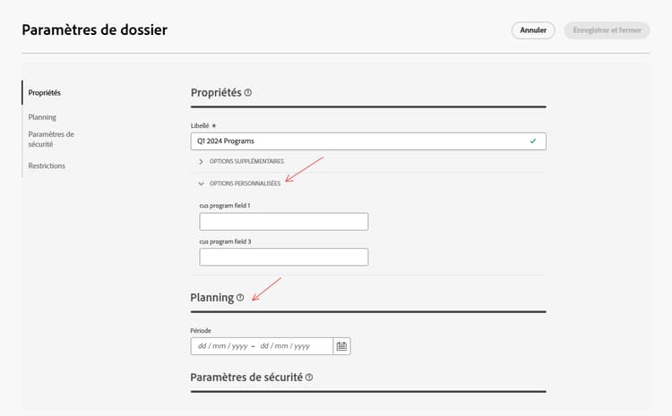 Capture d’écran montrant les options personnalisées d’un programme