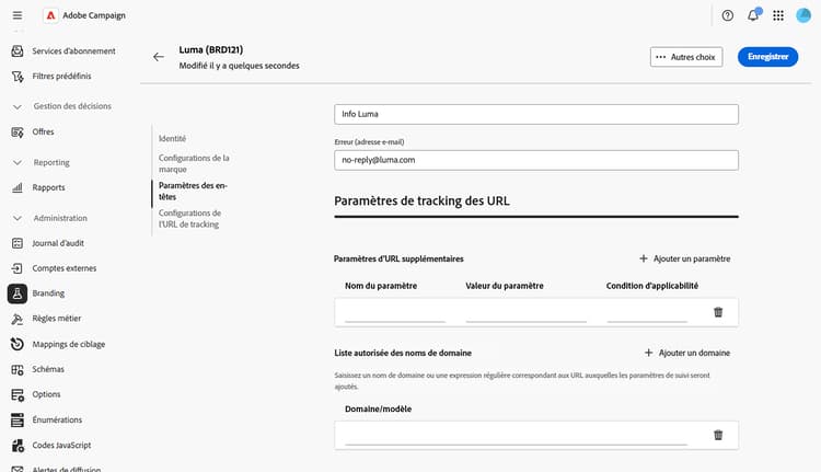 Copie d’écran affichant les paramètres de tracking d’URL dans l’onglet Paramètres d’en-tête