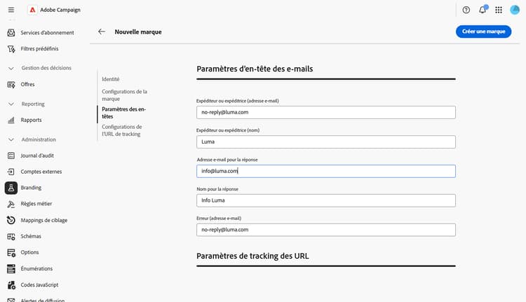 Copie d’écran affichant l’onglet Paramètres d’en-tête avec les champs d’en-tête des e-mails