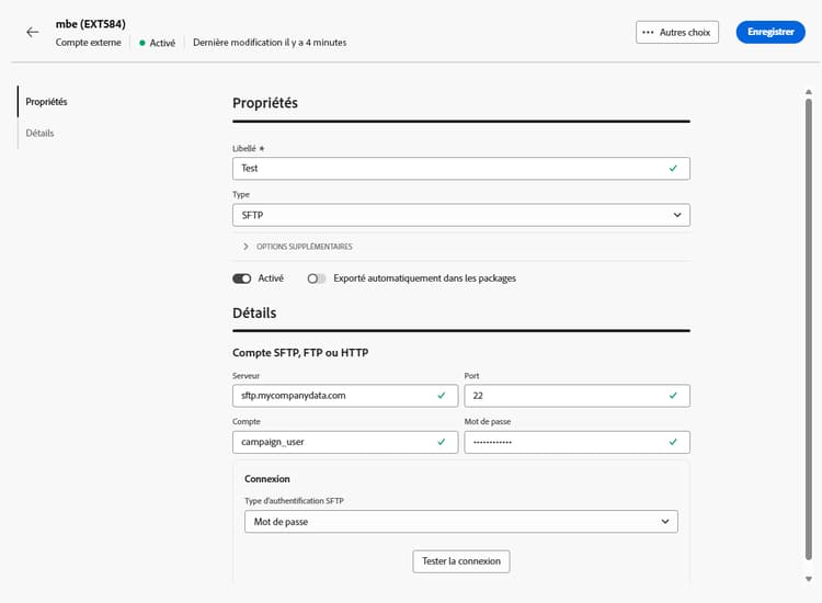Copie d’écran montrant les champs de configuration du compte externe SFTP.