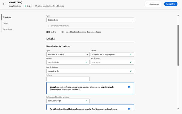 Copie d’écran montrant les champs de configuration du compte externe Microsoft SQL Server.