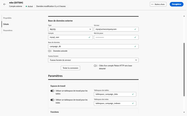 Copie d’écran montrant les champs de configuration du compte externe MySQL.