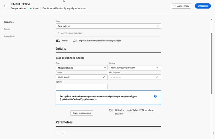 Copie d’écran montrant les champs de configuration du compte externe Microsoft Fabric.