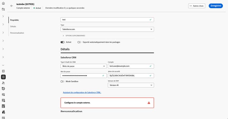Copie d’écran montrant les champs de configuration du compte externe Salesforce.
