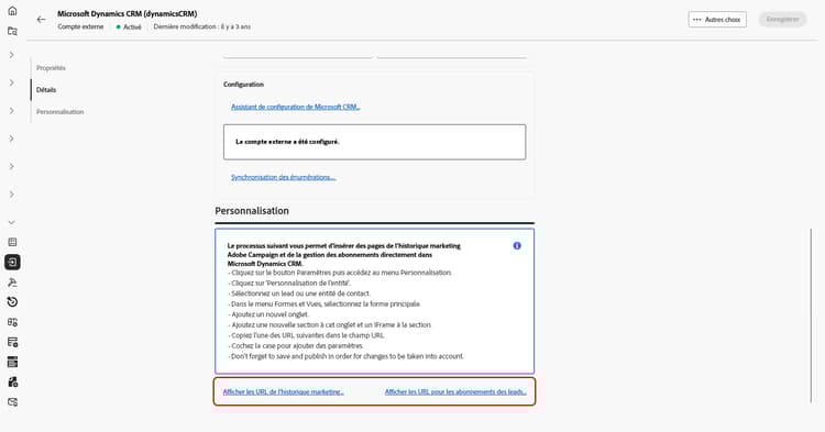 Copie d’écran montrant les champs de configuration du compte externe Microsoft Dynamics CRM.