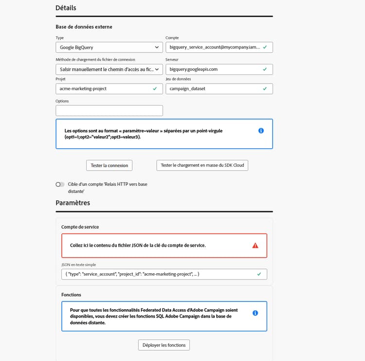 Copie d’écran montrant les champs de configuration du compte externe Google BigQuery.