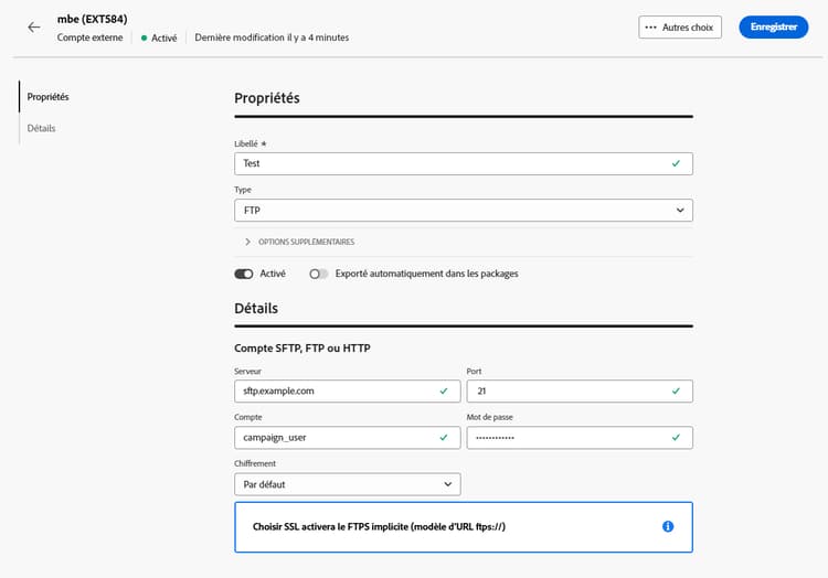 Copie d’écran montrant les champs de configuration du compte externe FTP.