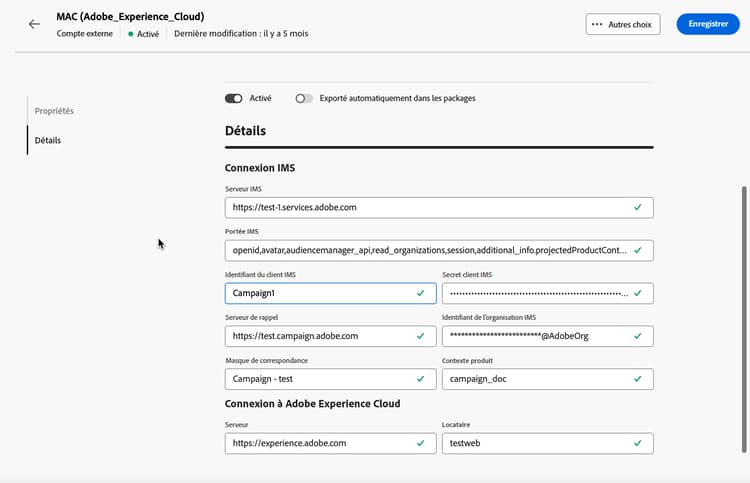 Capture d’écran montrant les champs de configuration du compte externe Adobe Experience Cloud MAC.