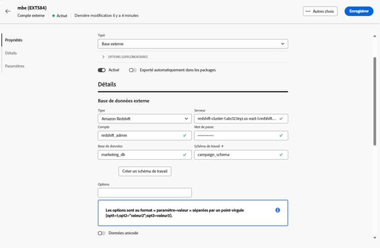 Copie d’écran montrant les champs de configuration du compte externe Amazon Redshift.
