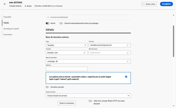 Copie d’écran montrant les champs de configuration du compte externe Teradata.
