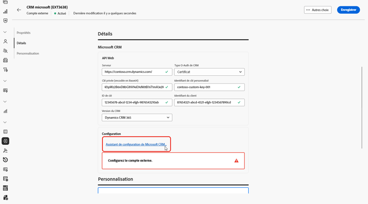 Copie d’écran montrant les champs de configuration du compte externe Microsoft Dynamics CRM.