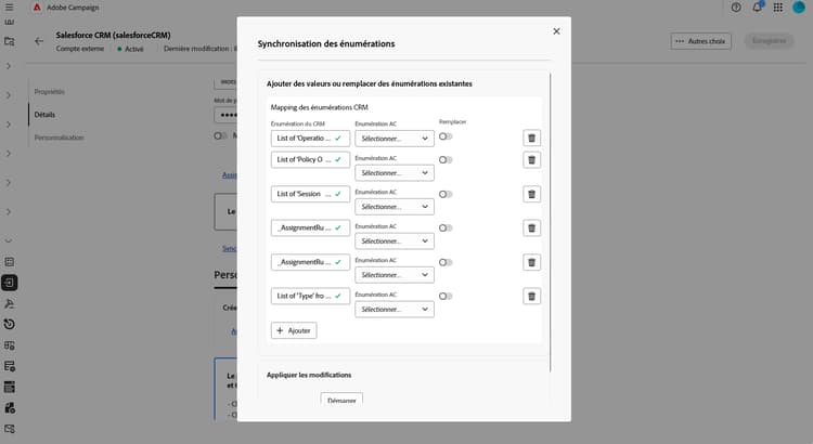 Copie d’écran montrant les champs de configuration du compte externe Salesforce CRM.