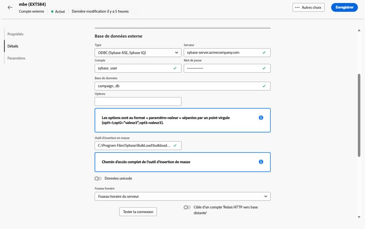 Copie d’écran montrant les champs de configuration du compte externe ODBC.