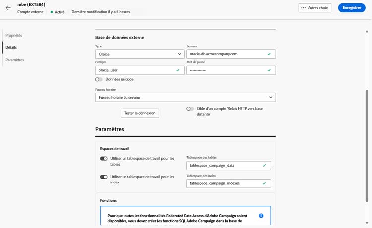 Copie d’écran montrant les champs de configuration du compte externe Oracle.