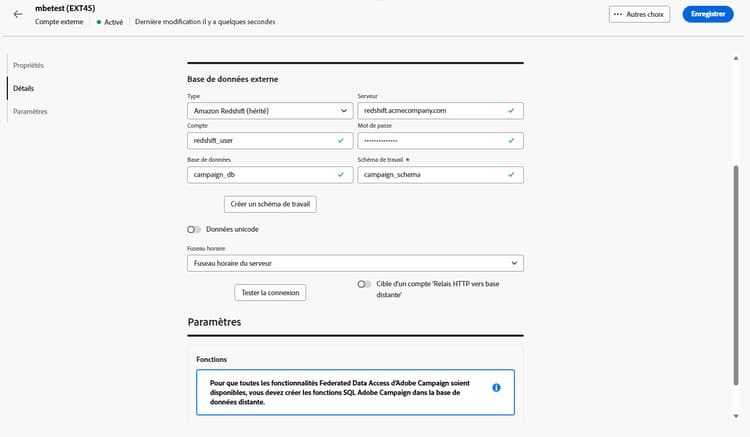 Copie d’écran montrant les champs de configuration du compte externe Amazon Redshift (hérité).