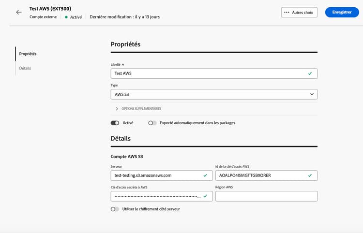Capture d’écran montrant les champs de configuration du compte externe Amazon Simple Storage Service S3.