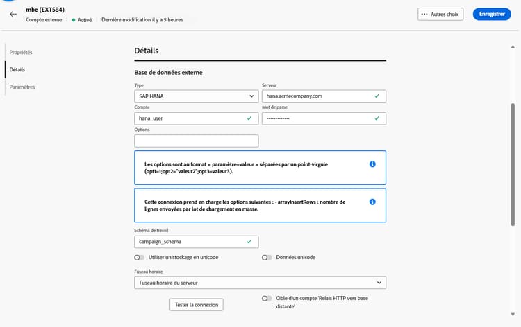 Copie d’écran montrant les champs de configuration du compte externe SAP HANA.