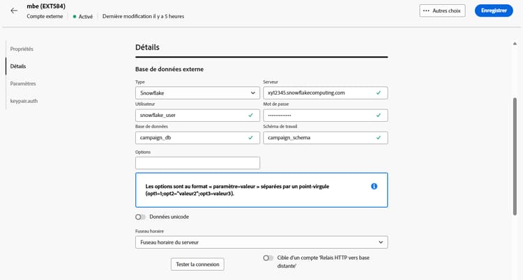 Copie d’écran montrant les champs de configuration du compte externe Snowflake.
