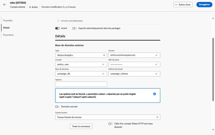 Copie d’écran montrant les champs de configuration du compte externe Vertica Analytics.