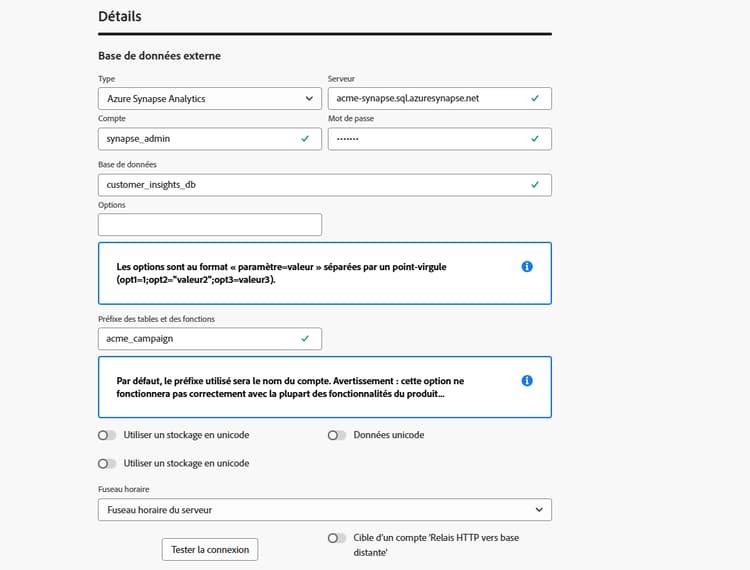 Copie d’écran montrant les champs de configuration du compte externe Azure Synapse Analytics.