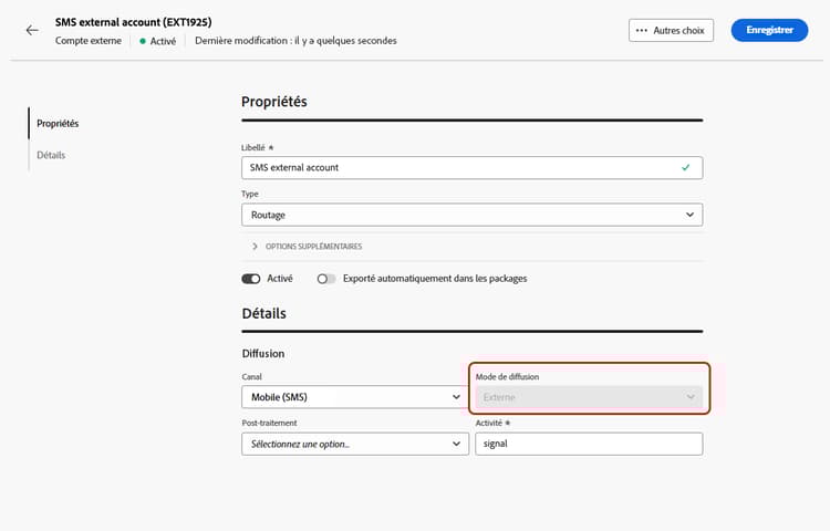 Capture d’écran montrant la configuration du mode de diffusion pour le routage des comptes externes.