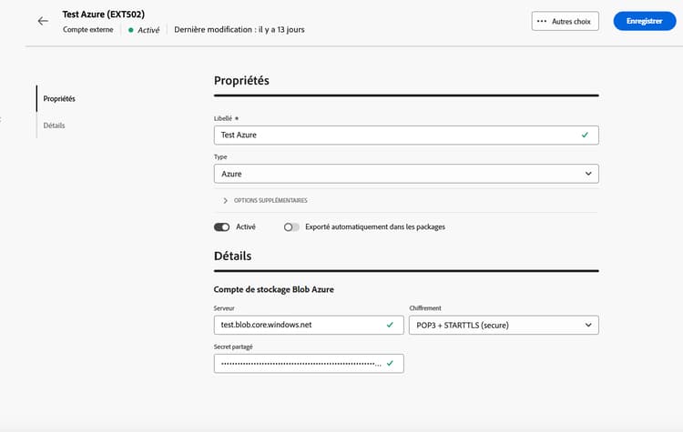 Capture d’écran montrant les champs de configuration du compte externe Stockage Blob Azure.