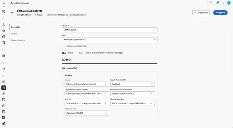 Copie d’écran montrant les champs de configuration du compte externe Microsoft Dynamics CRM.