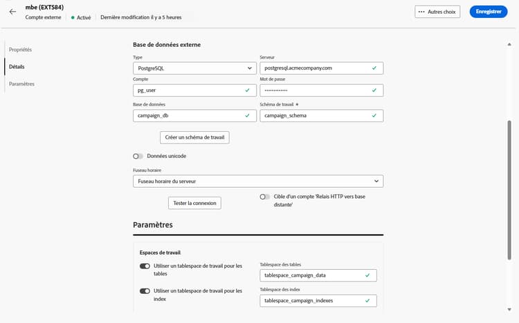 Copie d’écran montrant les champs de configuration du compte externe PostgreSQL.