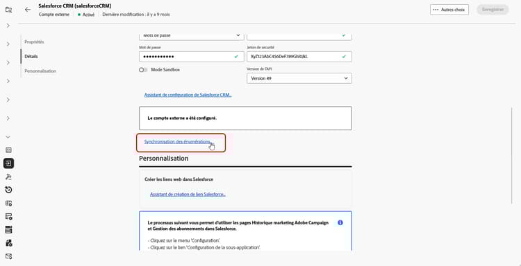 Copie d’écran montrant les champs de configuration du compte externe Salesforce CRM.